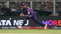 File : KKR skipper Ajinkya Rahane in action against RCB.