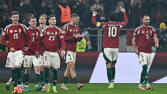 AP : Hungary celebrate a goal against Germany in the UEFA Nations League.