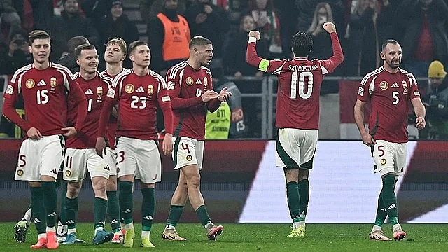 Hungary celebrate a goal against Germany in the UEFA Nations League