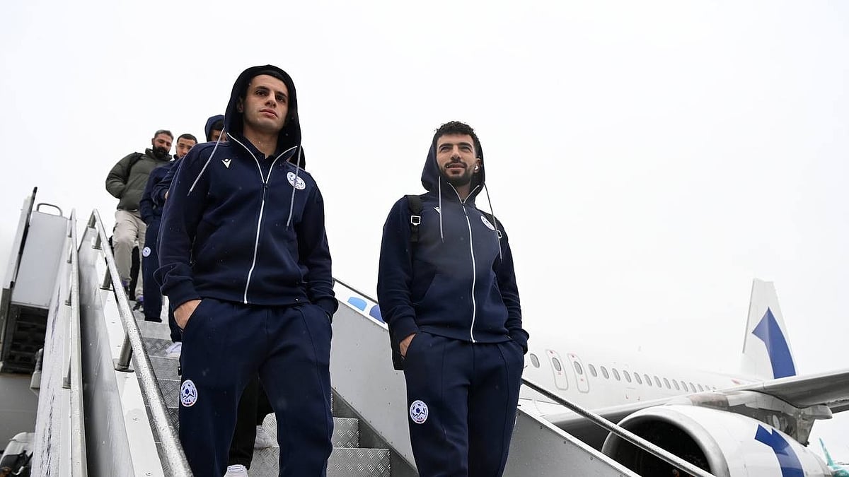 Photo: X | Football Federation Of Armenia : Armenia football team players coming out of the plane for the match.