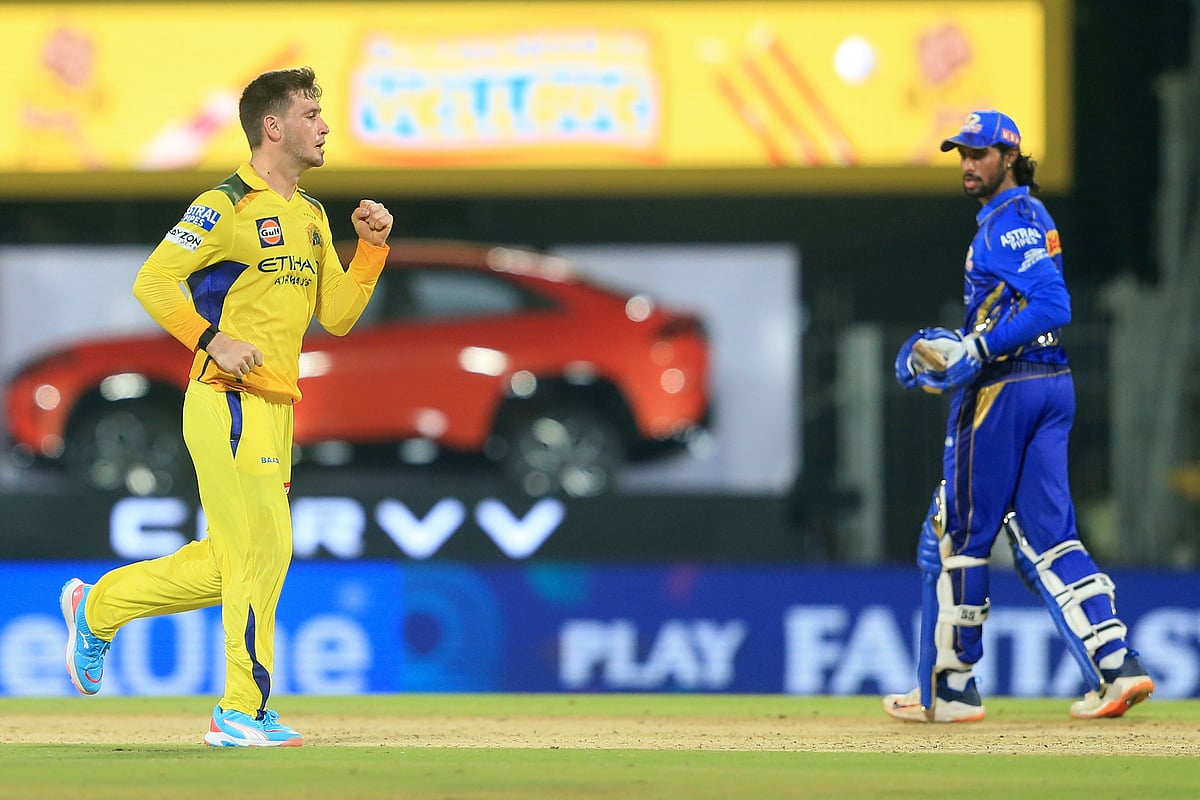 (AP Photo/R. Parthibhan) : Chennai Super Kings' Noor Ahmad, left, celebrates the dismissal of Mumbai Indians' Tilak Verma, right, during the Indian Premier League cricket match between Chennai Super Kings and Mumbai Indians in Chennai, India, Sunday, March 23, 2025.