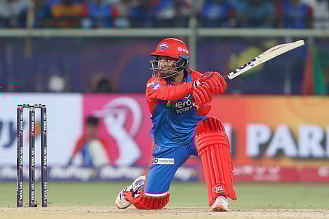 Delhi Capitals' Vipraj Nigam plays a shot during the Indian Premier League cricket match between Delhi Capitals and Lucknow Super Giants at ACA–VDCA Cricket Stadium in Visakhapatnam, India, Monday, March 24, 2025. 
