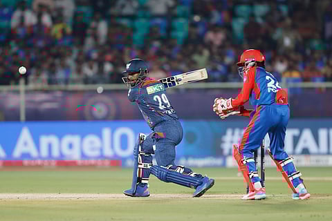 Lucknow Super Giants' Nicholas Pooran plays a shot during the Indian Premier League cricket match between Delhi Capitals and Lucknow Super Giants at ACA–VDCA Cricket Stadium in Visakhapatnam, India, Monday, March 24, 2025.