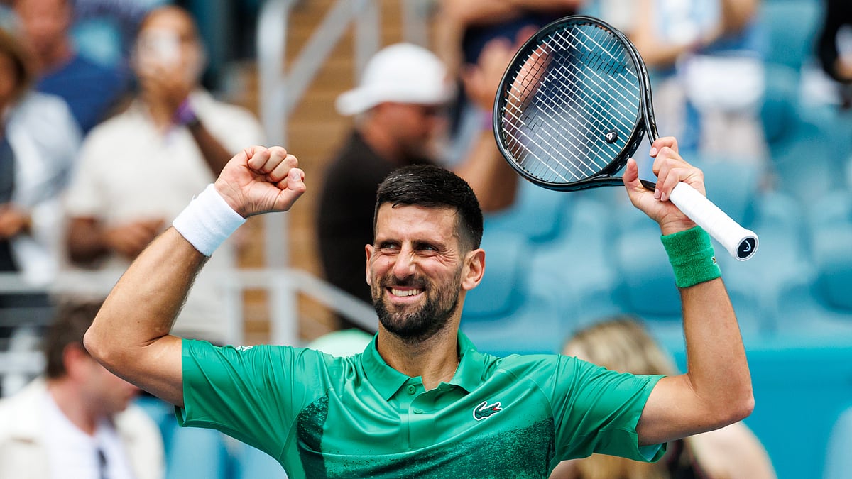 Novak Djokovic celebrates his win over Camilo Ugo Carabelli at the Miami Open - null