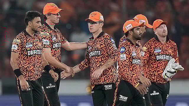 AP : Sunrisers Hyderabad's captain Pat Cummins and teammates after their game against Rajasthan Royals in the Indian Premier League.