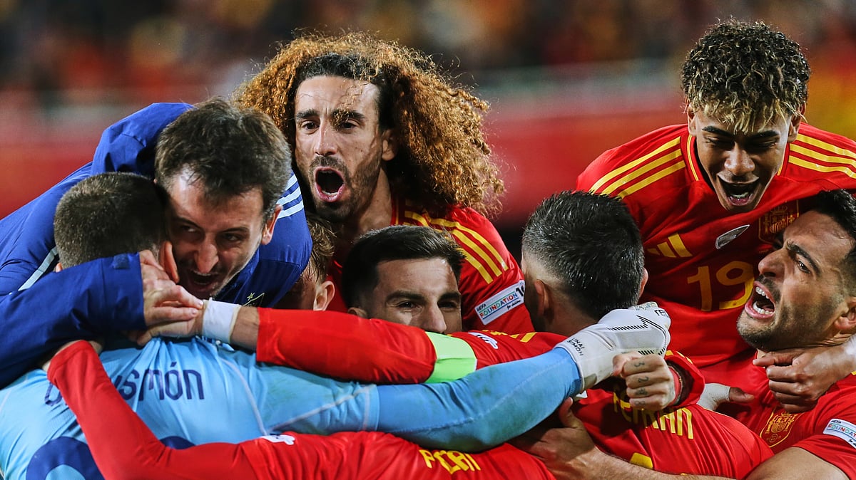 Spanish players celebrate their victory after the UEFA Nations League. AP