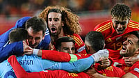 AP Photo/Alberto Saiz : Spanish players celebrate their victory after the UEFA Nations League quarterfinal second leg match between the Netherlands and Spain at Mestalla stadium in Valencia, Spain.
