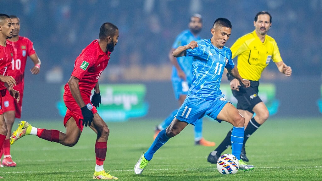 Photo: AIFF Media : Sunil Chhetri in action during the India vs Bangladesh, AFC Asian Cup qualifying game in Shillong.
