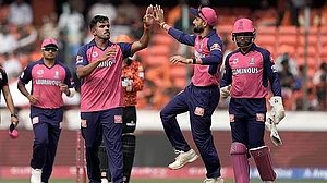 AP : Rajasthan Royals' Maheesh Theekshana celebrates a wicket with teammates.