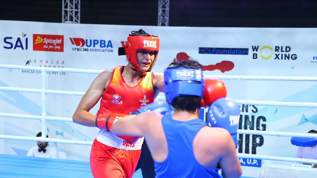 Photo: X | Boxing Federation : Jaismine Lamboria in action during the Women's National Boxing Championship.