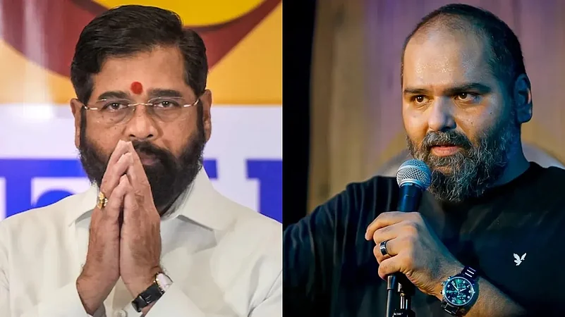 Maharashtra Deputy CM Eknath Shinde (L) and Comedian Kunal Kamra (R)