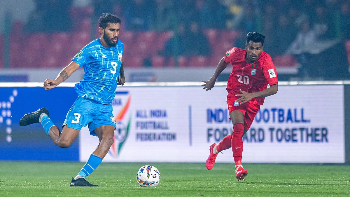 India defender Subhashish Bose with the ball during the AFC Asian Cup qualifying match against Bangladesh in Shillong. - Photo: X/Indian Football