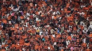 AP Photo/Mahesh Kumar A. : Sunrisers Hyderabad's fans cheer during the Indian Premier League cricket match between Sunrisers Hyderabad and Rajasthan Royals in Hyderabad.