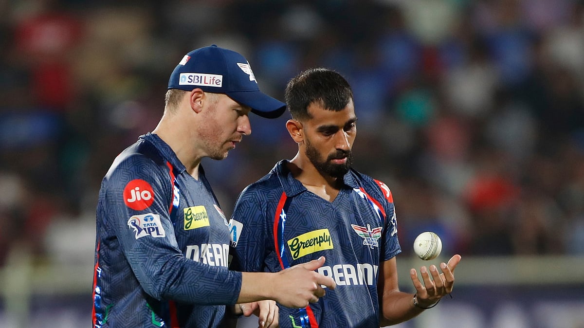 Lucknow Super Giants' Prince Yadav and David Miller talk during the Indian Premier League cricket match between Delhi Capitals and Lucknow Super Giants at ACA–VDCA Cricket Stadium in Visakhapatnam. - AP Photo/Surjeet Yadav