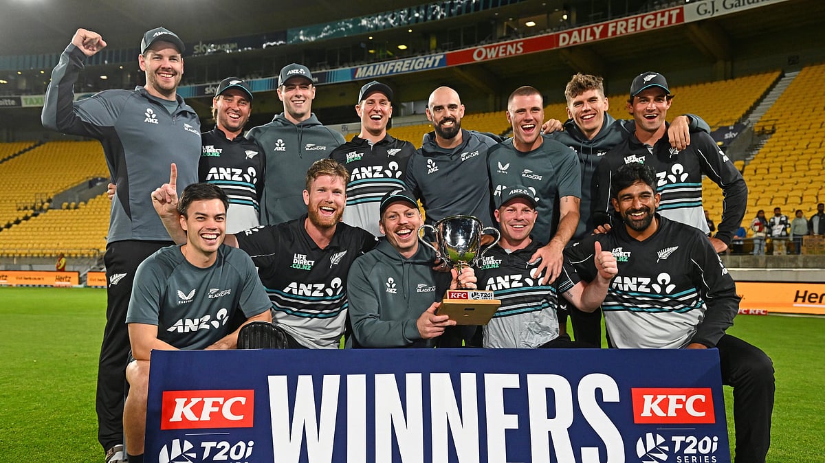 New Zealand national cricket team with the trophy after a series win over Pakistan in Wellington. - Photo: X | BLACKCAPS