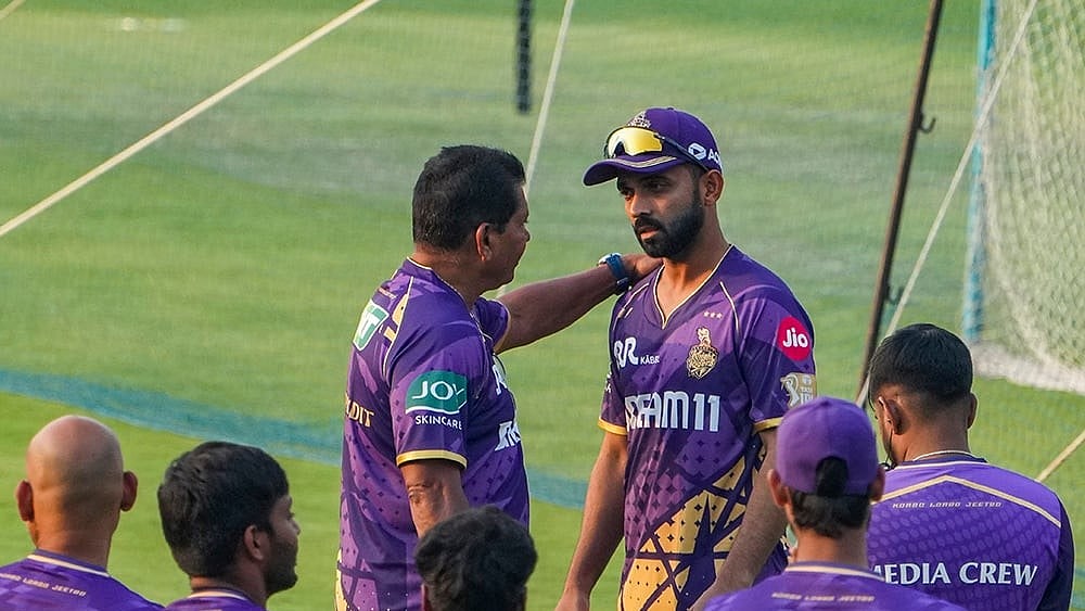 IPL 2025, KKR training session: KKR coach Chandrakant Pandit with captain Ajinkya Rahane - | Photo: PTI/Swapan Mahapatra