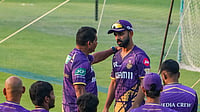 | Photo: PTI/Swapan Mahapatra : IPL 2025, KKR training session: KKR coach Chandrakant Pandit with captain Ajinkya Rahane