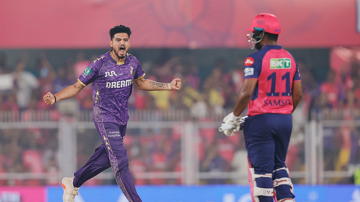 X/KKRiders : Vaibhav Arora celebrates Sanju Samson's wicket.