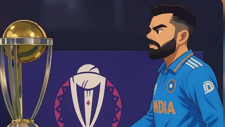 Insta/VideoNation : AI reimagines Virat Kohli walking past the ICC Cricket World Cup trophy.