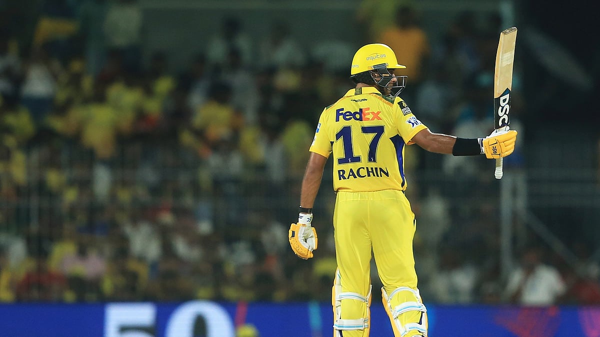 AP Photo/R. Parthibhan : Chennai Super Kings' Rachin Ravindra celebrates after scoring fifty runs during the Indian Premier League cricket match between Chennai Super Kings and Mumbai Indians in Chennai.