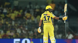 AP Photo/R. Parthibhan : Chennai Super Kings' Rachin Ravindra celebrates after scoring fifty runs during the Indian Premier League cricket match between Chennai Super Kings and Mumbai Indians in Chennai.