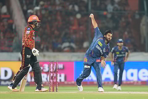 Lucknow Super Giants Shardul Thakur bowls a delivery during the Indian Premier League cricket match between Sunrisers Hyderabad and Lucknow Super Giants at Rajiv Gandhi International Cricket Stadium in Hyderabad, India, Thursday, March 27, 2025. 

