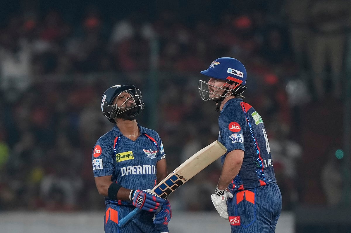  (AP Photo/Mahesh Kumar A.)
 : Lucknow Super Giants' Nicholas Pooran, left, celebrates after scoring fifty runs during the Indian Premier League cricket match between Sunrisers Hyderabad and Lucknow Super Giants at Rajiv Gandhi International Cricket Stadium in Hyderabad, India, Thursday, March 27, 2025. (AP Photo/Mahesh Kumar A.)


