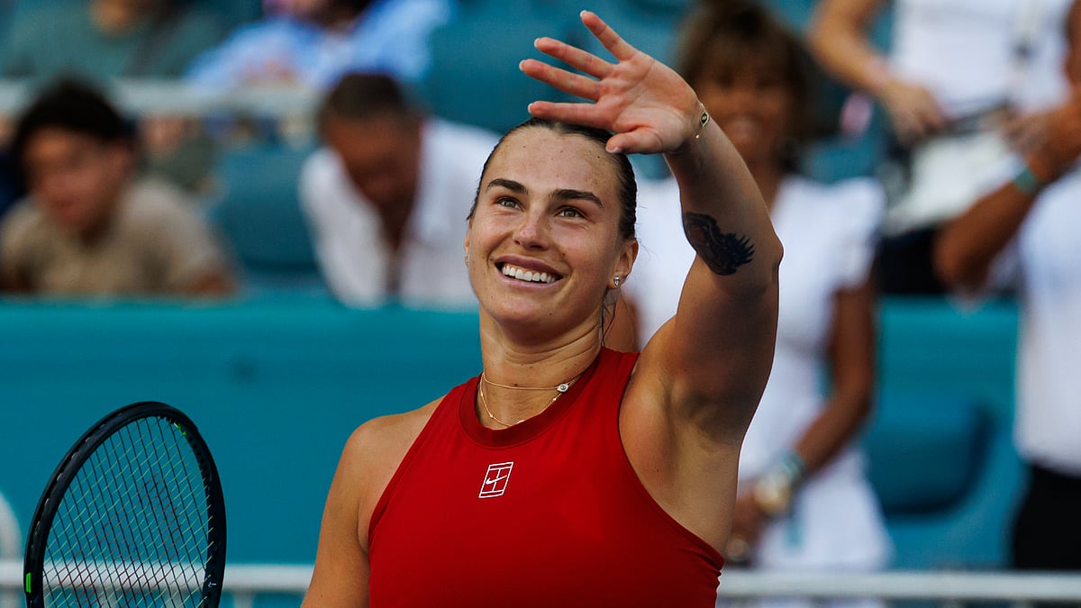 Aryna Sabalenka celebrates her semi-final victory