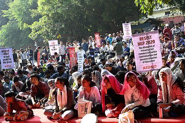 A protest against NEP 2020 at Jantar Mantar, on November 30, 2024 in New Delhi.  - Salman Ali/Hindustan Times via Getty Images