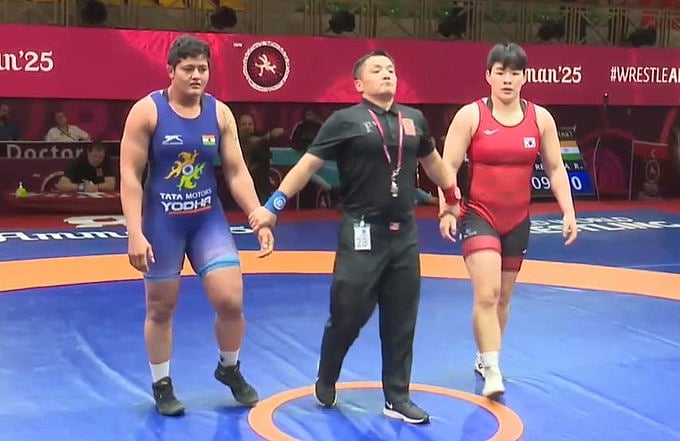 Reetika Hooda after winning semifinal bout at Asian Wrestling Championships. - X/AIRnewsalerts