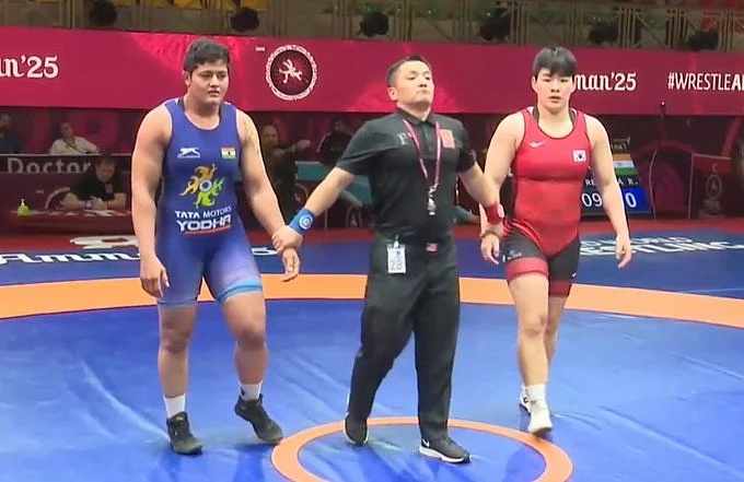 Reetika Hooda after winning semifinal bout at Asian Wrestling Championships
