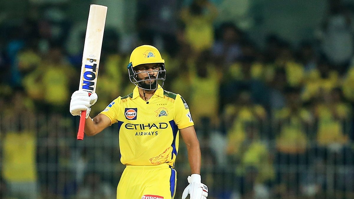 (AP Photo/R. Parthibhan) : Chennai Super Kings' captain Ruturaj Gaikwad celebrates after scoring fifty runs during the Indian Premier League cricket match between Chennai Super Kings and Mumbai Indians in Chennai, India, Sunday, March 23, 2025.