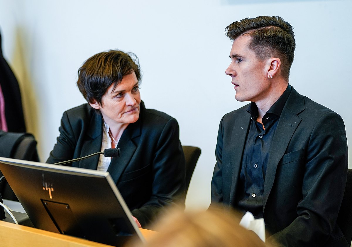 (Lise Aserud/NTB via AP) : Jakob Ingebrigtsen with legal counsel Mette Yvonne Larsen, left, in Sor-Rogaland District Court on Tuesday, March 25, 2025.
