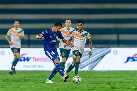 Edgar Mendez converting the penalty for Bengaluru FC.