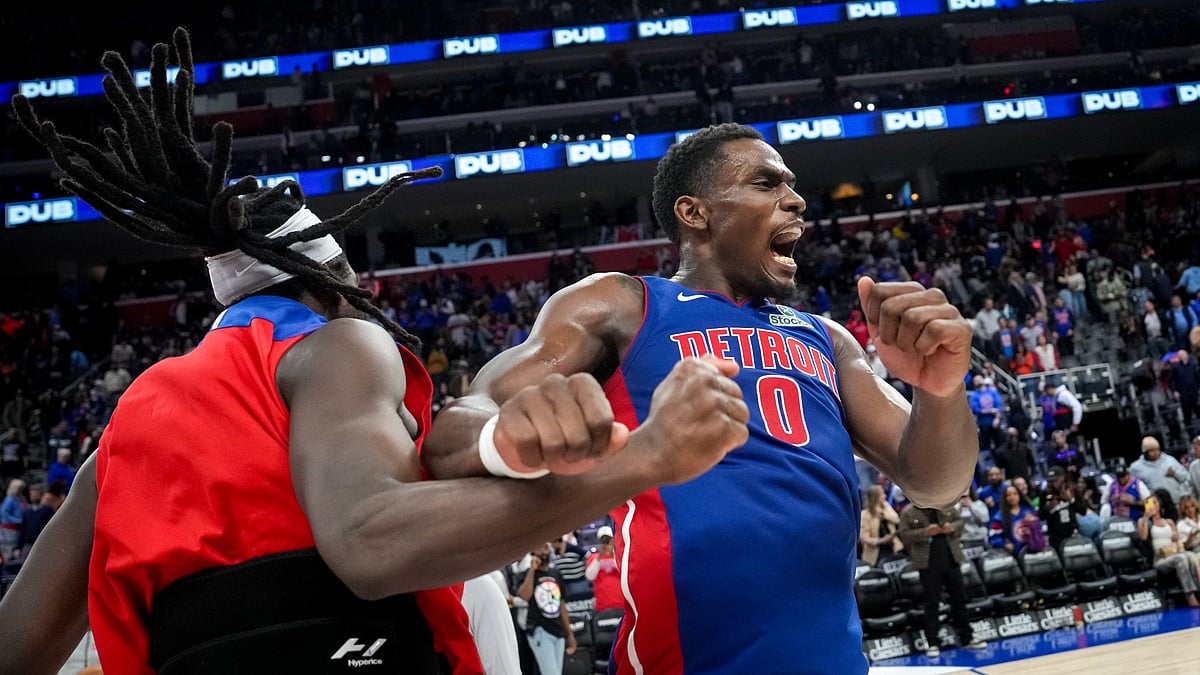 Detroit Pistons celebrate win over Cleveland Cavaliers
