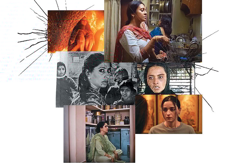 Screengrabs from the films Juice, Khoon Bhari Maang, Jigra, Mrs., Mirch Masala and Bulbbul