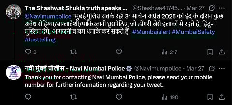 Navi Mumbai police received a warning message on social media.