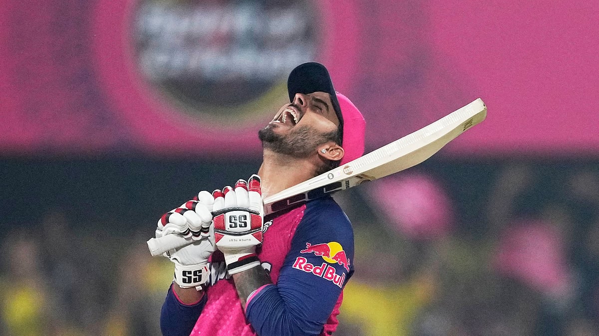  (AP Photo/Anupam Nath)
 : Rajasthan Royals' Nitish Rana reacts after being stumped out by Chennai Super Kings' MS Dhoni during the Indian Premier League match in Guwahati.
