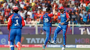 AP Photo/Surjeet Yadav : Delhi Capitals' Mohit Sharma, right, and Vipraj Nigam celebrate the dismissal of Sunrisers Hyderabad's Abhishek Sharma during the Indian Premier League cricket match between Delhi Capitals and Sunrisers Hyderabad at ACA–VDCA Cricket Stadium in Visakhapatnam.