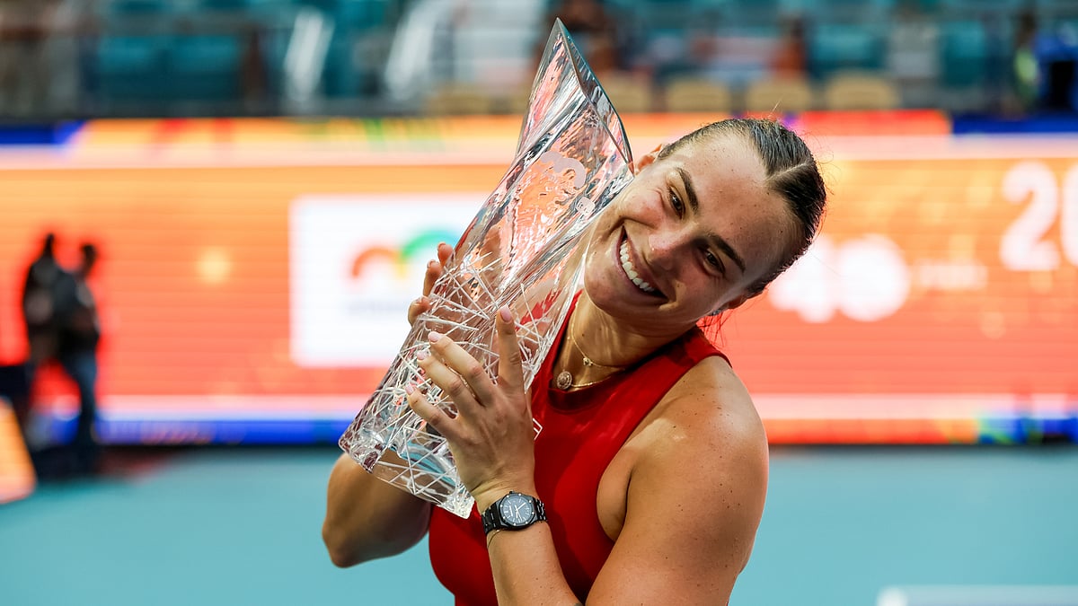 Aryna Sabalenka celebrates in Miami