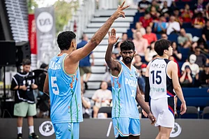 X/@BFI_basketball : Indian basketball players celebrating a win.