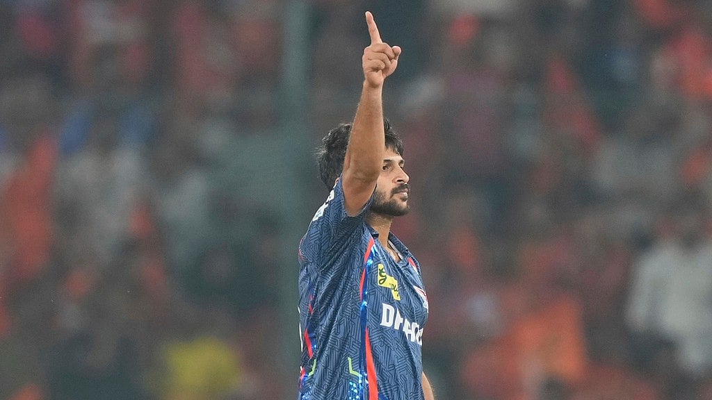 AP : Lucknow Super Giants' Shardul Thakur celebrates the dismissal of Sunrisers Hyderabad's Abhishek Sharma during the Indian Premier League.