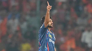 AP : Lucknow Super Giants' Shardul Thakur celebrates the dismissal of Sunrisers Hyderabad's Abhishek Sharma during the Indian Premier League.