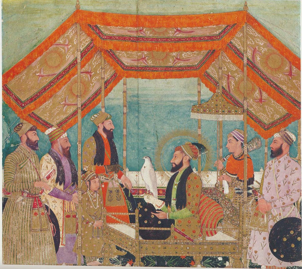 Wikipedia : Aurangzeb seated on a golden throne holding a Hawk in the Durbar. Standing before him is his son, Azam Shah |