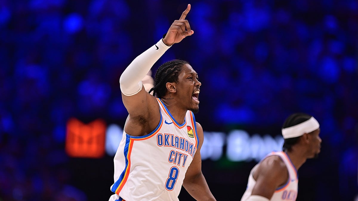 Forward Jalen Williams celebrates during the Oklahoma City Thunder's game vs. the Chicago Bulls on March 31, 2025.