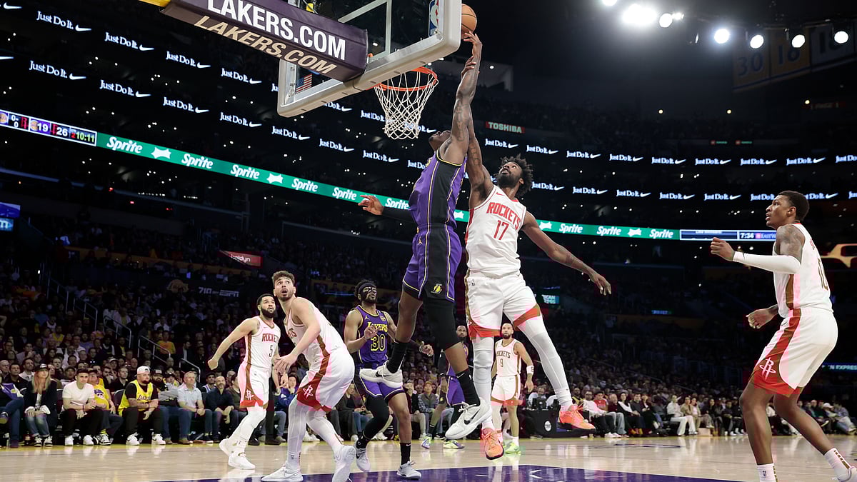 The Los Angeles Lakers' Jarred Vanderbilt goes up to shoot against the Houston Rockets.