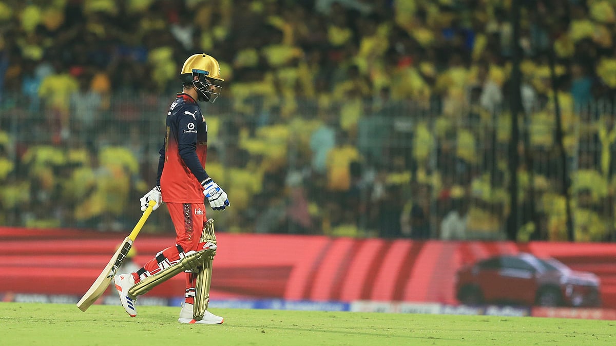 AP Photo/R. Parthibhan : Royal Challengers Bengaluru's captain Rajat Patidar walks off the field after losing his wicket during the Indian Premier League cricket match between Chennai Super Kings and Royal Challengers Bengaluru at M. A. Chidambaram Stadium in Chennai.