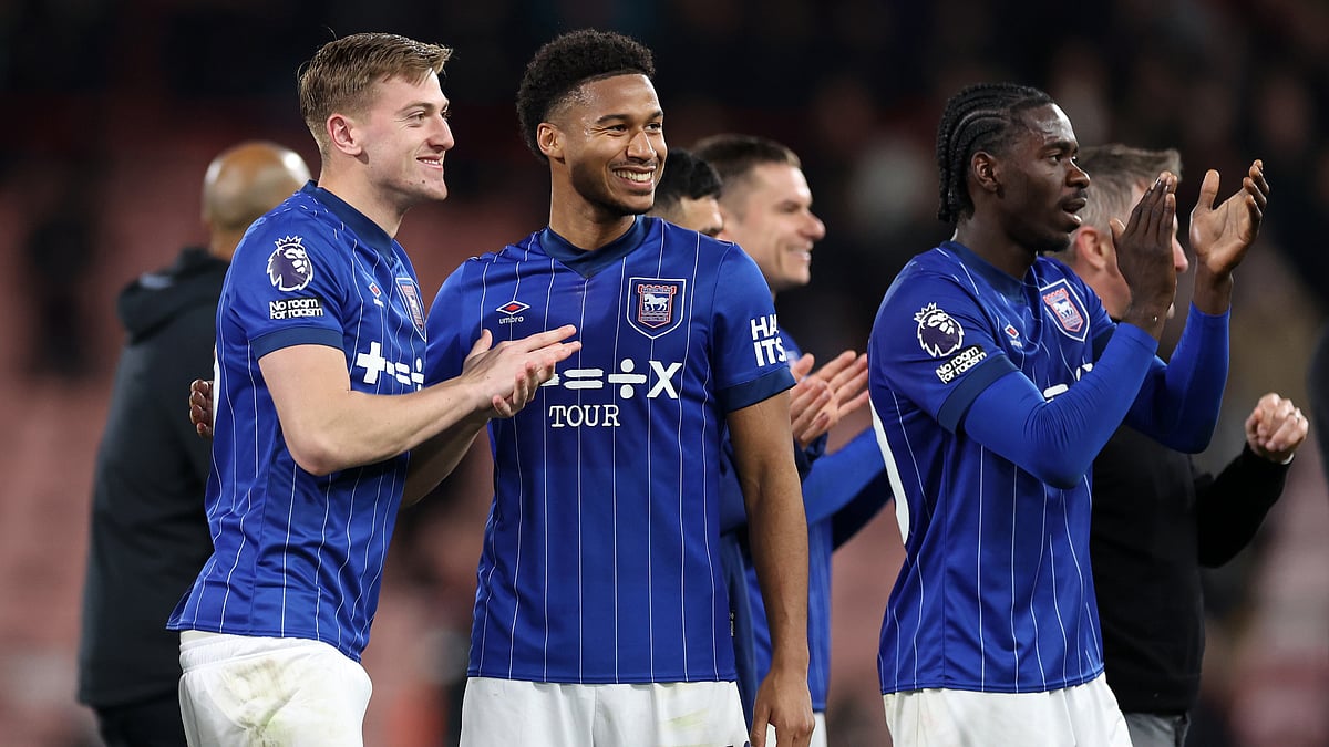 Liam Delap and Jens Cajuste celebrate Ipswich Town's win over AFC Bournemouth. - null