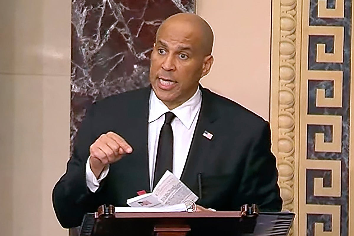 Senate Television via AP : In this image provided by Senate Television, Sen, Cory Booker, D-N.J. speaks on the Senate floor, Tuesday morning, April 1, 2025. 