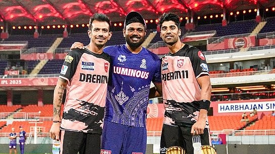 X/PunjabKingsIPL : Yuzvendra Chahal (L), Sanju Samson (C) and Shashank Singh.